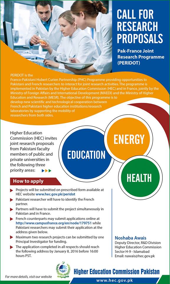 Pak-France Joint Research Programme (PERIDOT) 2016